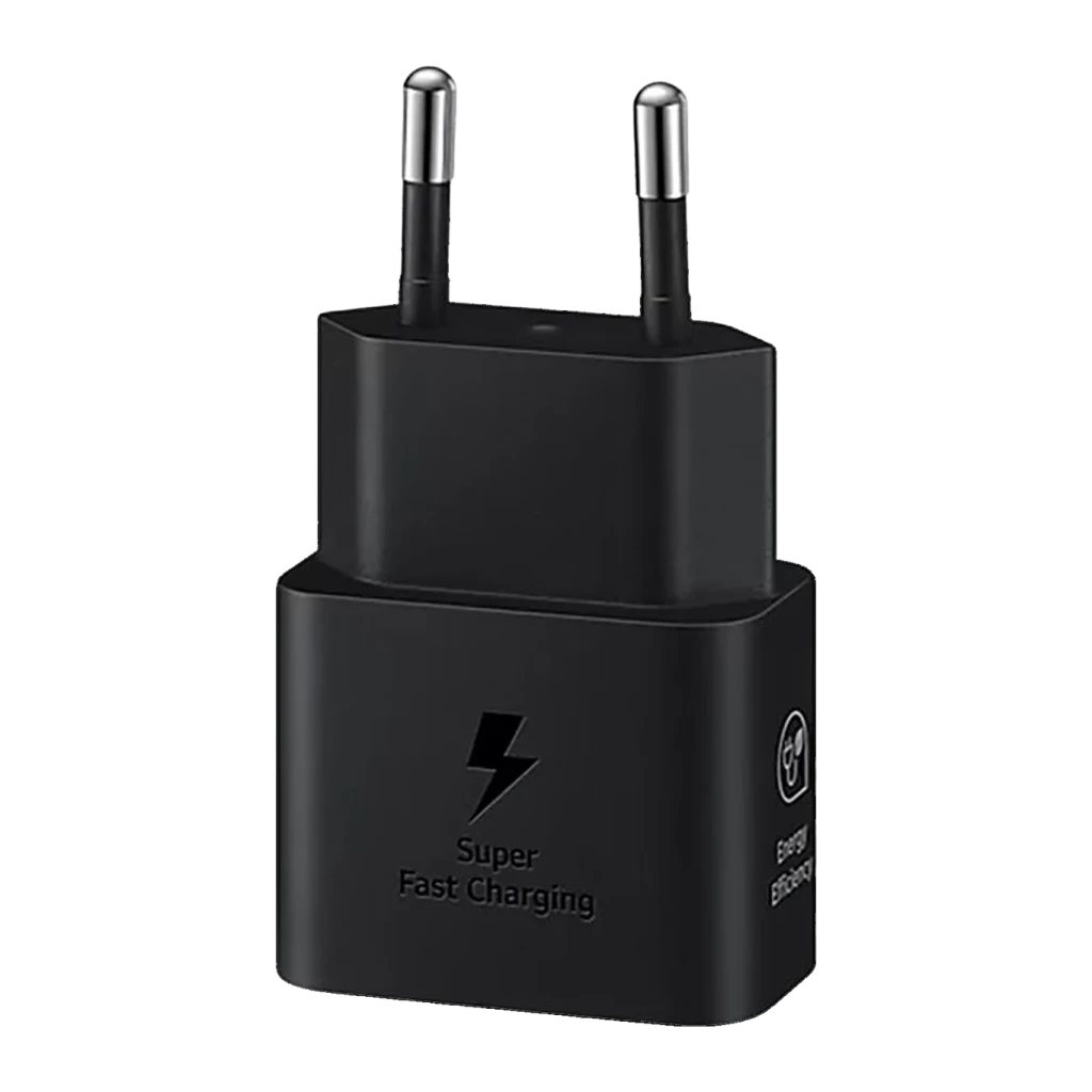 Chargeur Samsung Noir 25W USB-C EP-T2510N, détail: face avant avec icône éclair et texte Super Fast Charging, broches