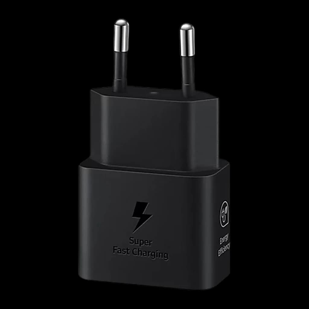 Chargeur Samsung Noir 25W USB-C EP-T2510N, détail: face avant avec icône éclair et texte Super Fast Charging, broches
