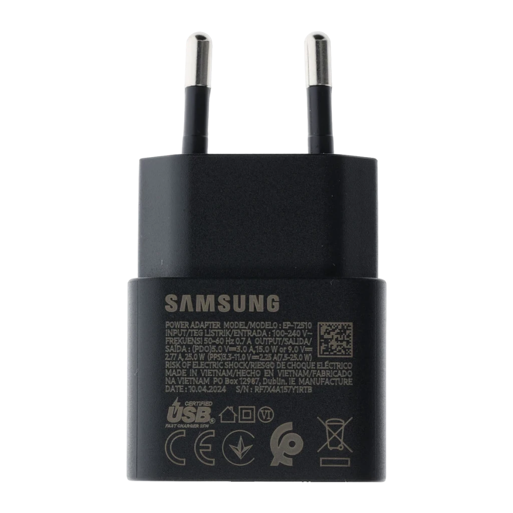 Chargeur Samsung Noir 25W USB-C EP-T2510N, vue arrière: étiquette technique, logo Samsung et fiches européennes