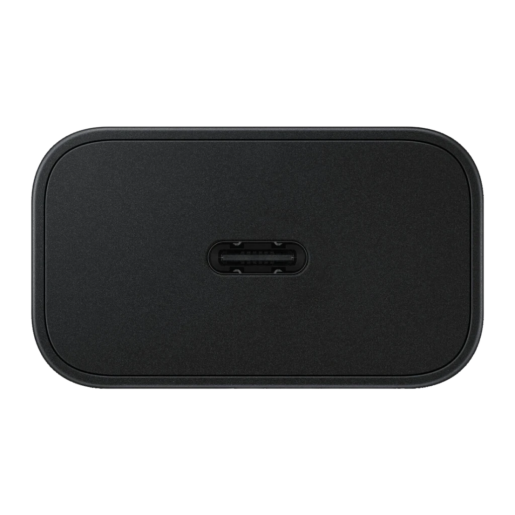Chargeur Samsung Noir 25W USB-C EP-T2510N, détail: port USB-C centré sur la face avant du corps compact noir mat