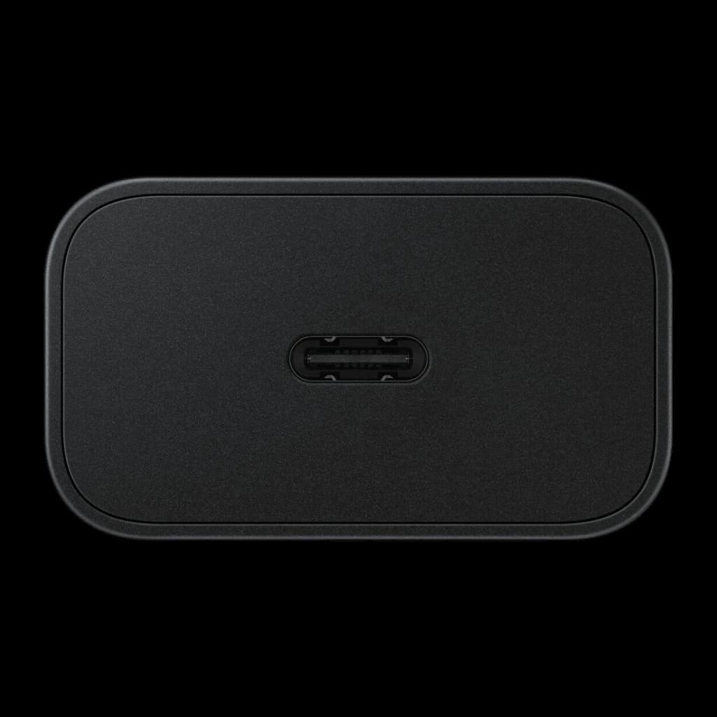 Chargeur Samsung Noir 25W USB-C EP-T2510N, détail: port USB-C centré sur la face avant du corps compact noir mat