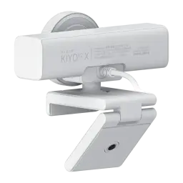 Webcam Razer Kiyo V2 X 2K 1440p 60fps Micrófono Estéreo USB 2.0 Blanco, vista trasera: etiqueta del modelo, cable USB y clip