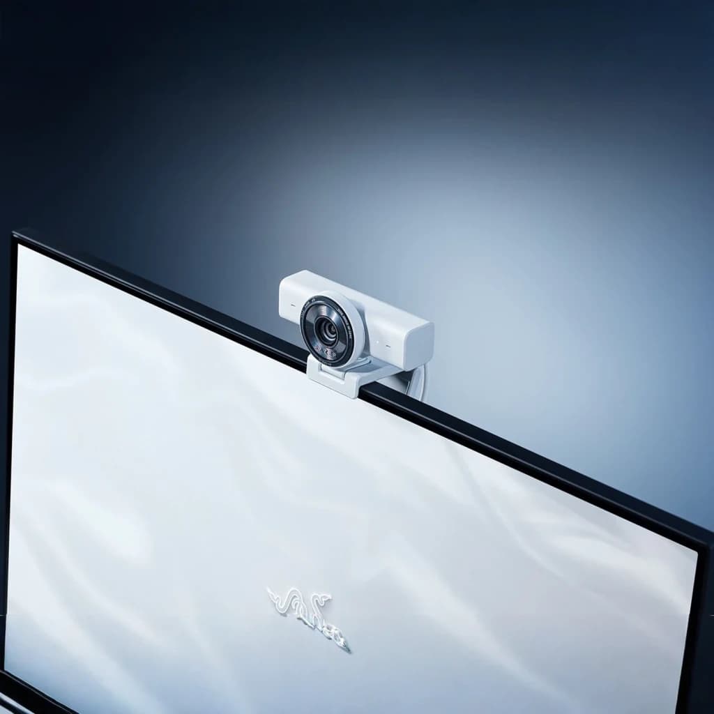 Webcam Razer Kiyo V2 X 2K 1440p 60fps Micrófono Estéreo USB 2.0 Blanco, en uso: montada en monitor, vista frontal lateral