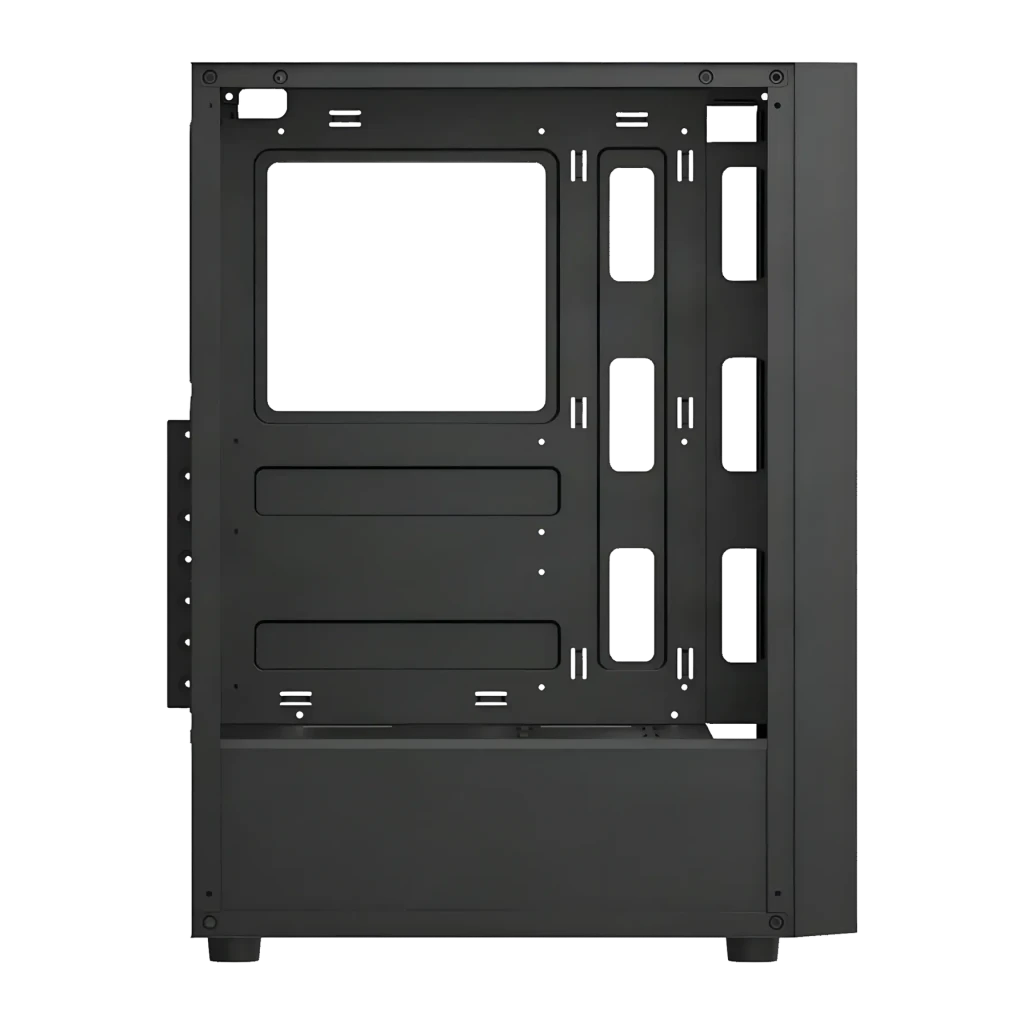 Boîtier PC darkFlash A290 Verre Trempé ATX / M-ATX / ITX Noir, détail: intérieur latéral avec plateau carte mère, baies