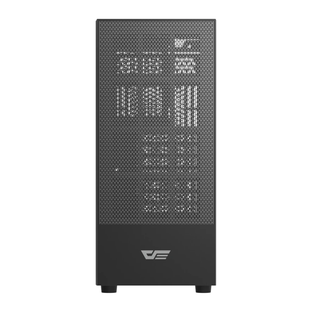 Boîtier PC darkFlash A290 Verre Trempé ATX / M-ATX / ITX Noir, détail façade: panneau mesh perforé et logo darkFlash en bas