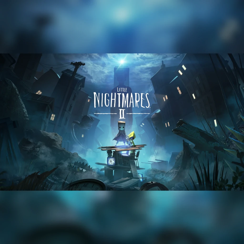 Videojuego Bandai Namco Little Nightmares II Enhanced Edition PS5, en uso: arte clave con Mono y Six en ciudad oscura