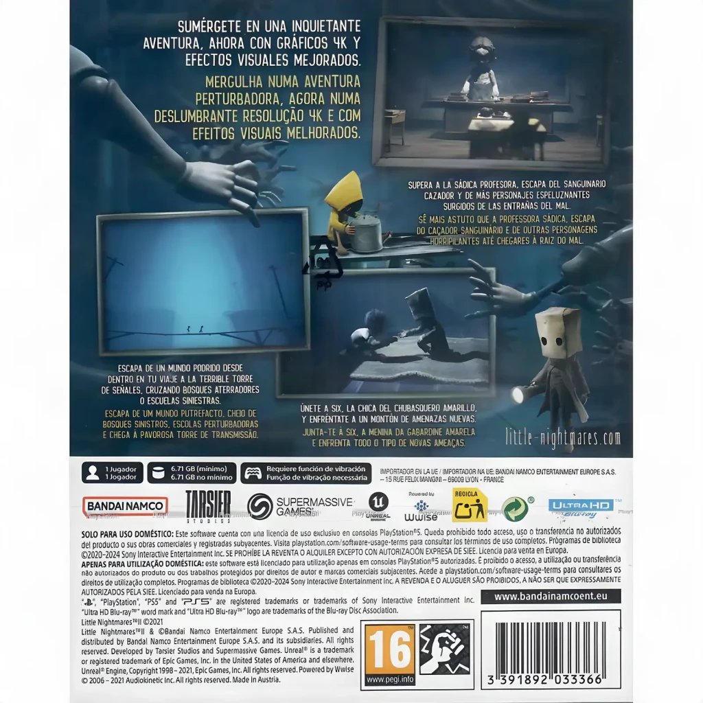 Videojuego Bandai Namco Little Nightmares II Enhanced Edition PS5, vista trasera: carátula con descripción del juego