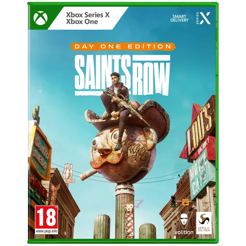 Videojogo Deep Silver Saints Row Day One Edition Xbox One, vista frontal: capa com personagem armada sobre estátua
