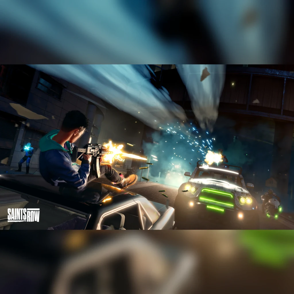 Videojogo Deep Silver Saints Row Day One Edition Xbox One, em uso: personagem a disparar de um carro em perseguição urbana