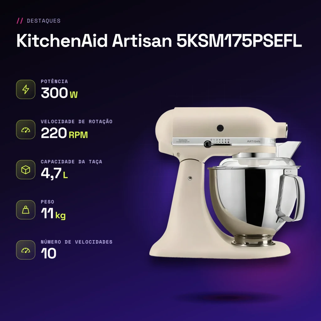 Robot pâtissier KitchenAid Artisan 4,7L 300W Bol inox Beige 5KSM175PSEFL - caractéristiques