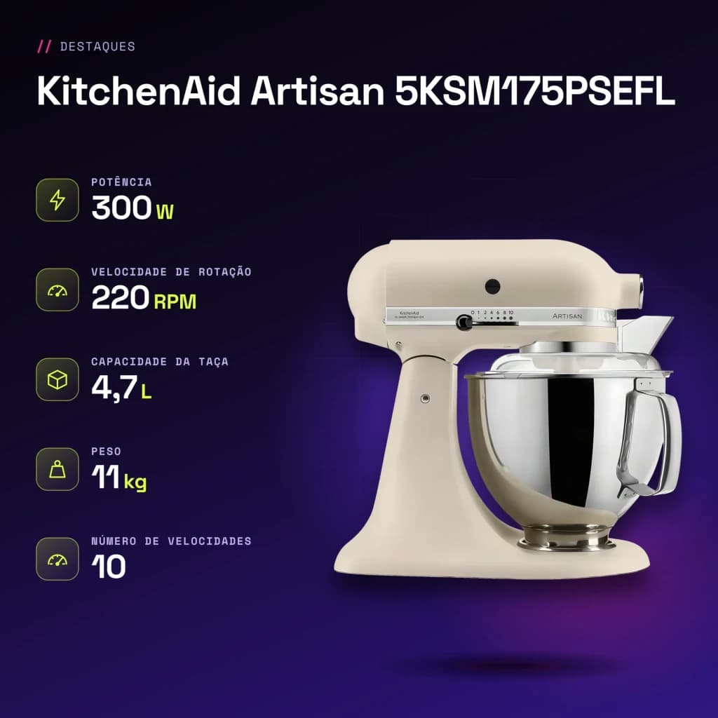 Robot pâtissier KitchenAid Artisan 4,7L 300W Bol inox Beige 5KSM175PSEFL - caractéristiques