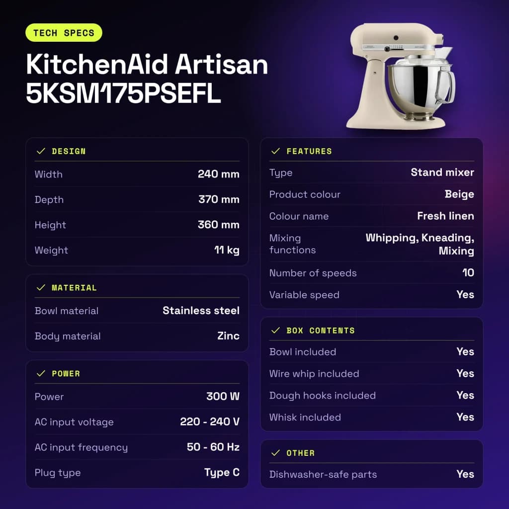 Robot pâtissier KitchenAid Artisan 4,7L 300W Bol inox Beige 5KSM175PSEFL - caractéristiques