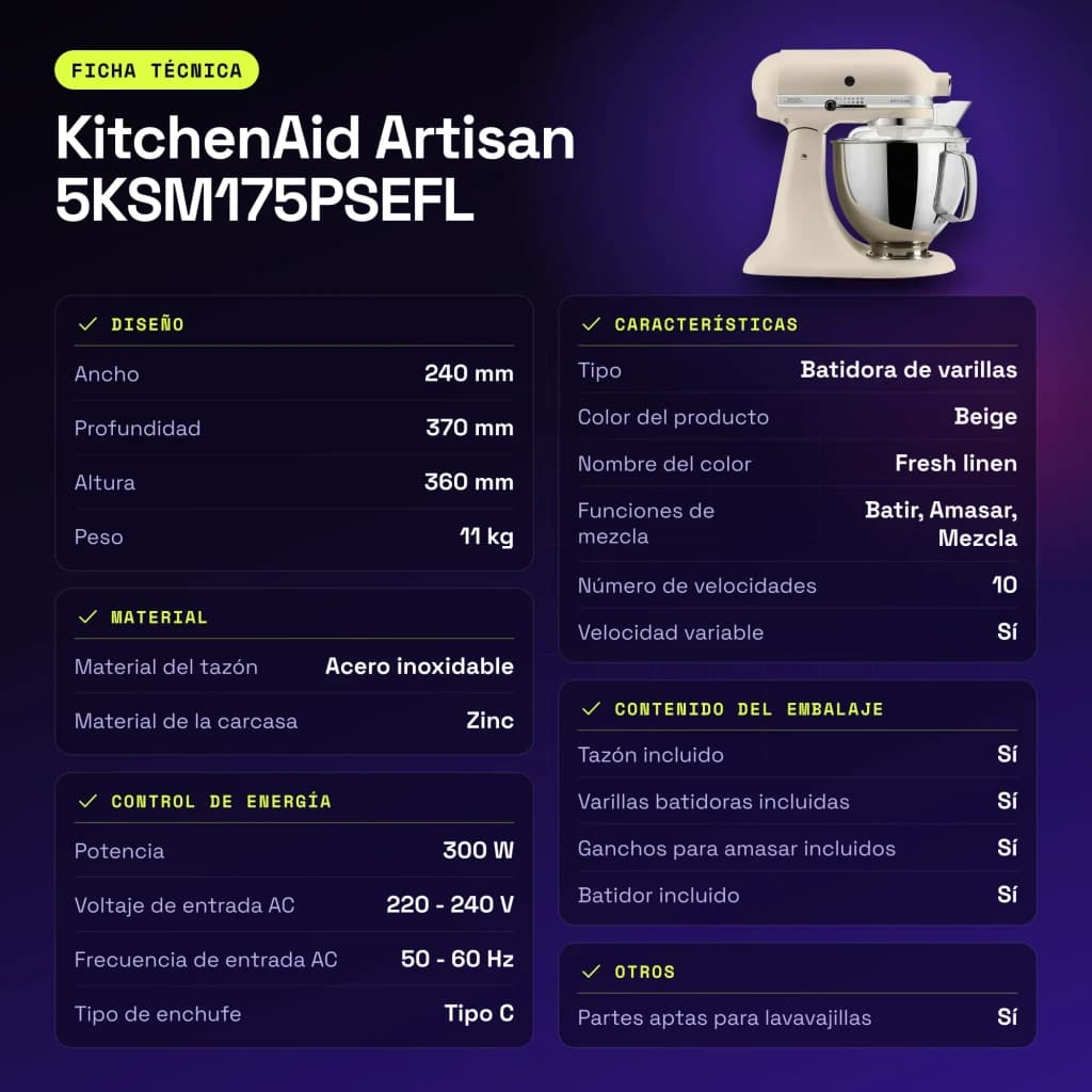 Robot pâtissier KitchenAid Artisan 4,7L 300W Bol inox Beige 5KSM175PSEFL - caractéristiques