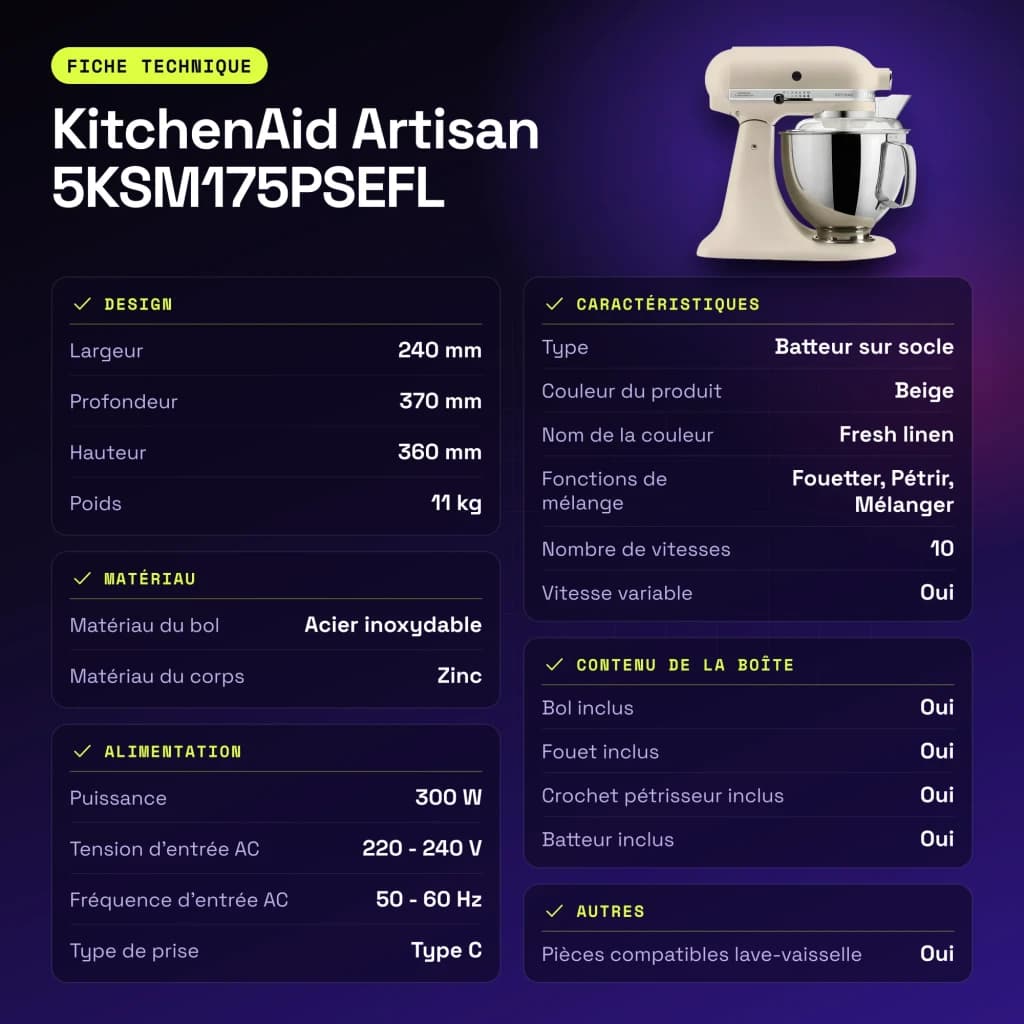Robot pâtissier KitchenAid Artisan 4,7L 300W Bol inox Beige 5KSM175PSEFL - caractéristiques