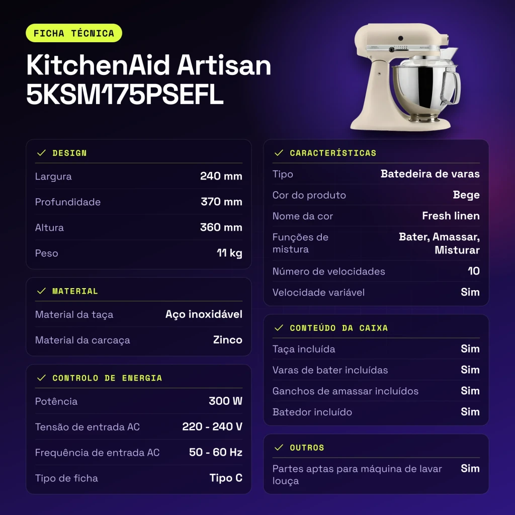 Robot pâtissier KitchenAid Artisan 4,7L 300W Bol inox Beige 5KSM175PSEFL - caractéristiques