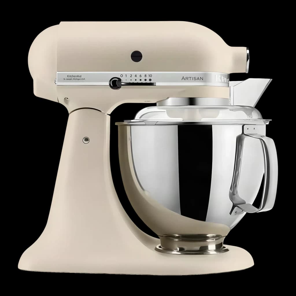 Robot pâtissier KitchenAid Artisan 4,8L 300W Bol inox Beige 5KSM175PSEFL, vue de face: corps beige mat, sélecteur 10