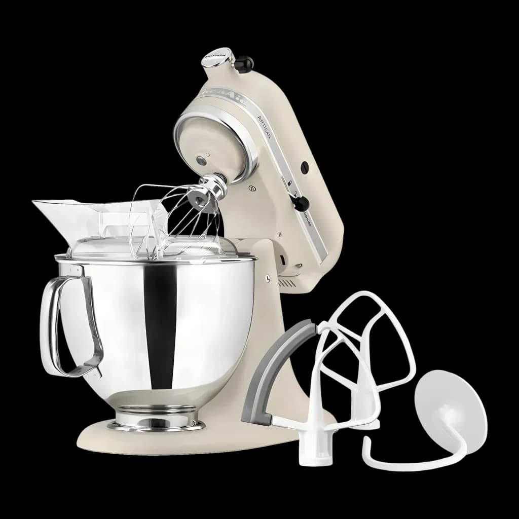 Robot pâtissier KitchenAid Artisan 4,8L 300W Bol inox Beige 5KSM175PSEFL, détail: vue latérale avec fouet monté, bol chromé