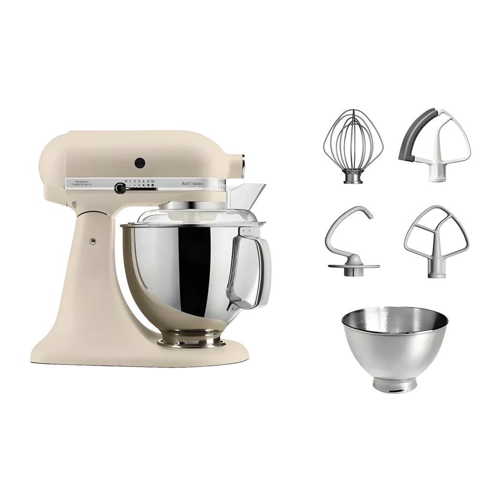 Robot pâtissier KitchenAid Artisan 4,8L 300W Bol inox Beige 5KSM175PSEFL, détail: vue de profil avec bol inox et 4