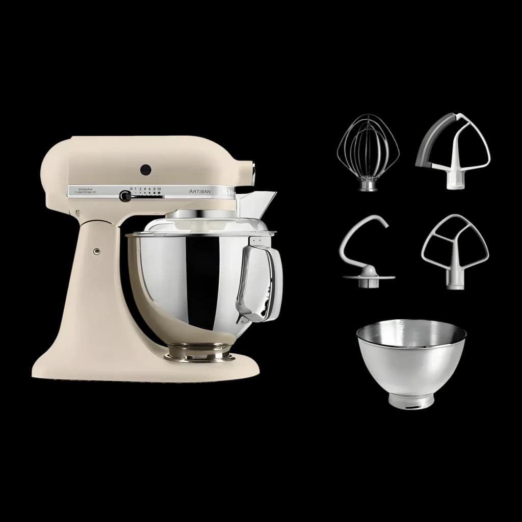 Robot pâtissier KitchenAid Artisan 4,8L 300W Bol inox Beige 5KSM175PSEFL, détail: vue de profil avec bol inox et 4
