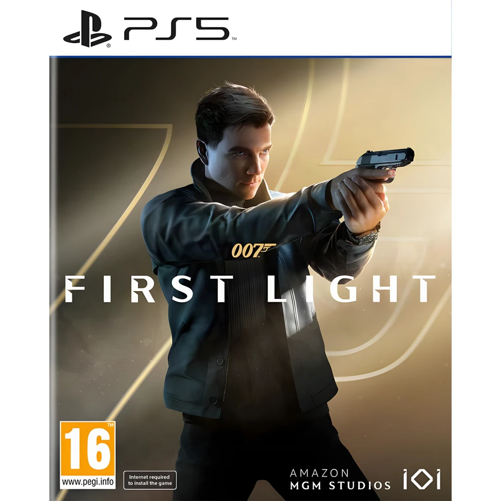 Videojogo Deep Silver 007 First Light Standard PS5, vista frontal: capa com agente a apontar pistola, logo 007