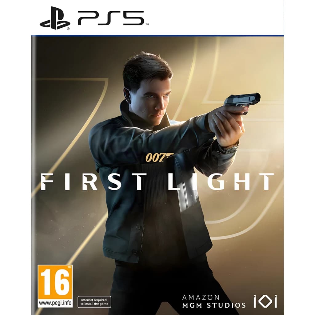 Videojogo Deep Silver 007 First Light Standard PS5, vista frontal: capa com agente a apontar pistola, logo 007