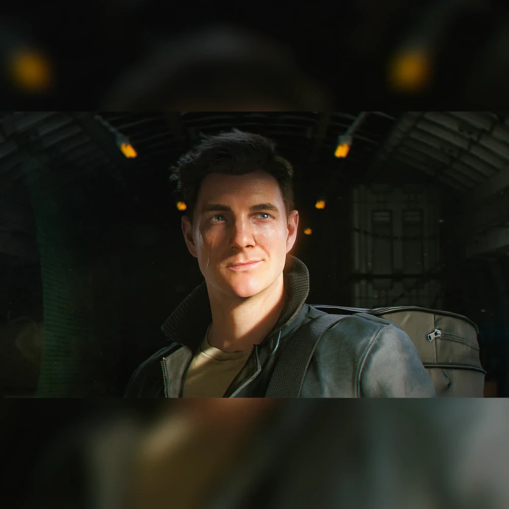 Videojogo Deep Silver 007 First Light Standard PS5, em uso: protagonista jovem com jaqueta de couro em hangar escuro