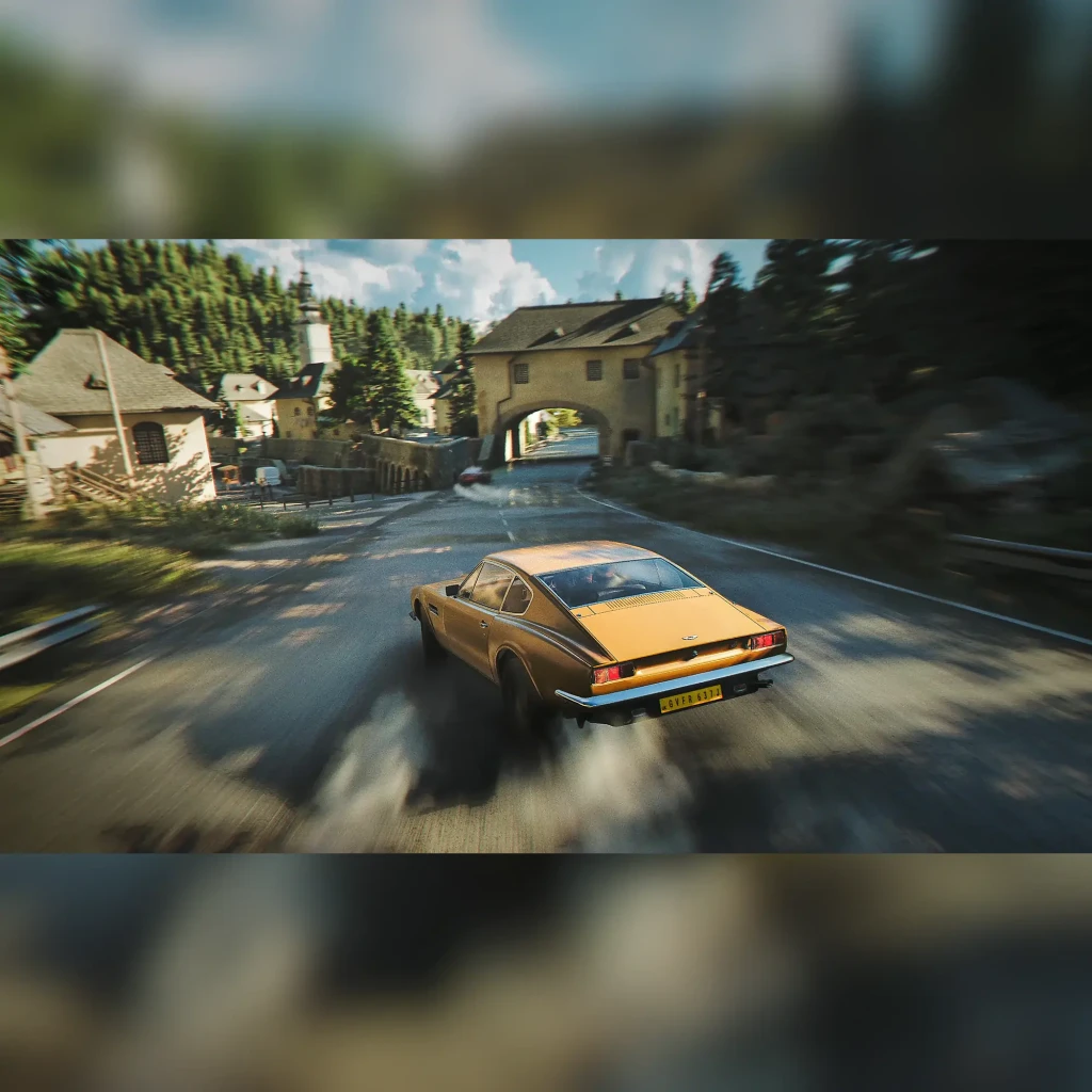Videojogo Deep Silver 007 First Light Standard PS5, em uso: carro clássico dourado em alta velocidade numa estrada de aldeia