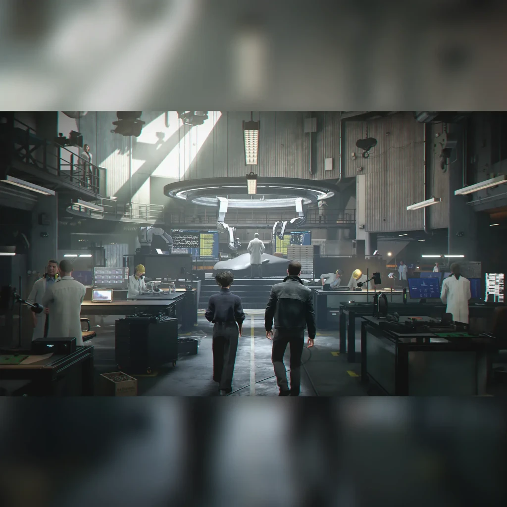 Videojogo Deep Silver 007 First Light Standard PS5, em uso: laboratório secreto com agente e cientistas diante de protótipo