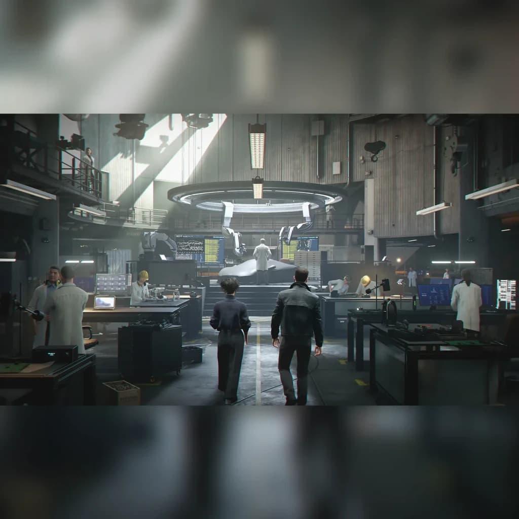 Videojogo Deep Silver 007 First Light Standard PS5, em uso: laboratório secreto com agente e cientistas diante de protótipo
