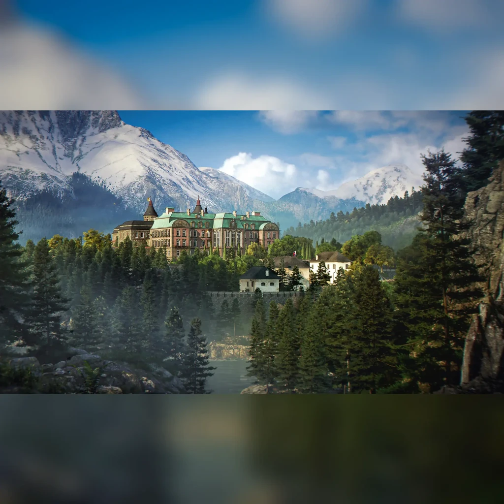 Videojogo Deep Silver 007 First Light Standard PS5, em uso: mansão entre pinheiros e montanhas nevadas em captura de gameplay