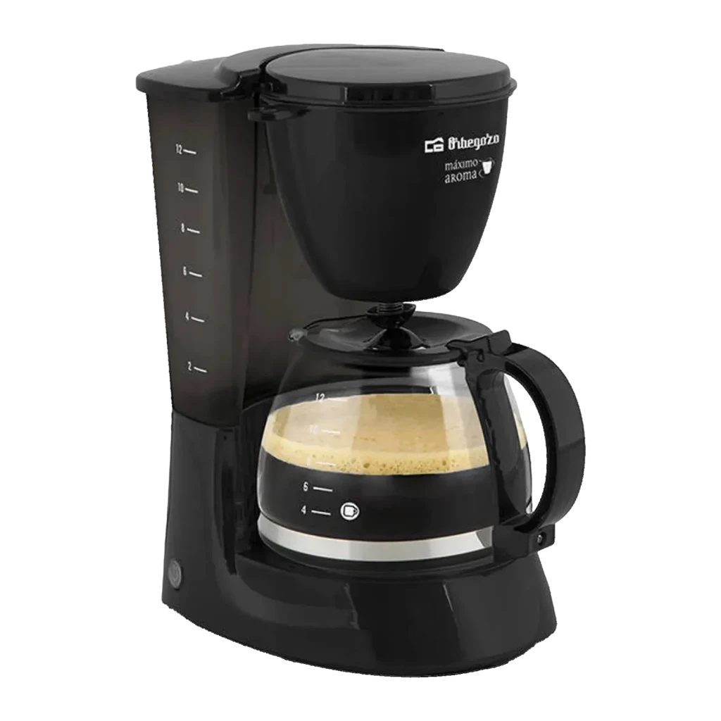 Cafetière filtre Orbegozo CG 4060 N 12 tasses 800W Noir, vue de face: carafe en verre avec café, graduation de niveau