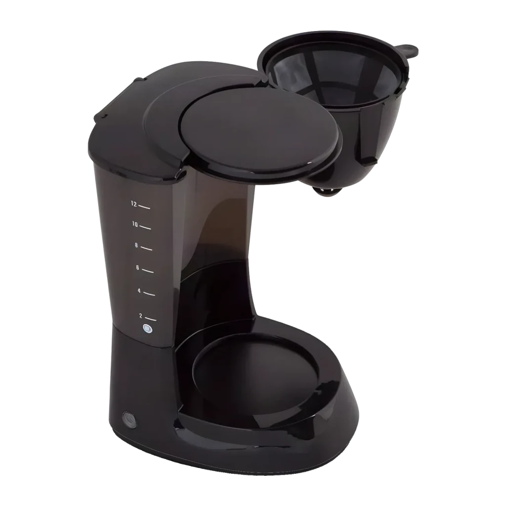 Cafetière filtre Orbegozo CG 4060 N 12 tasses 800W Noir, détail: couvercle et filtre ouverts, carafe avec graduation jusqu'à