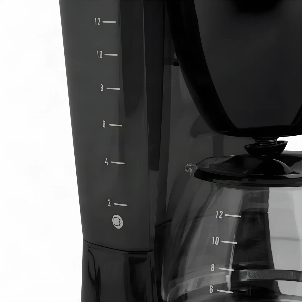Cafetière filtre Orbegozo CG 4060 N 12 tasses 800W Noir, détail: graduation du réservoir de 2 à 12 tasses et carafe en verre