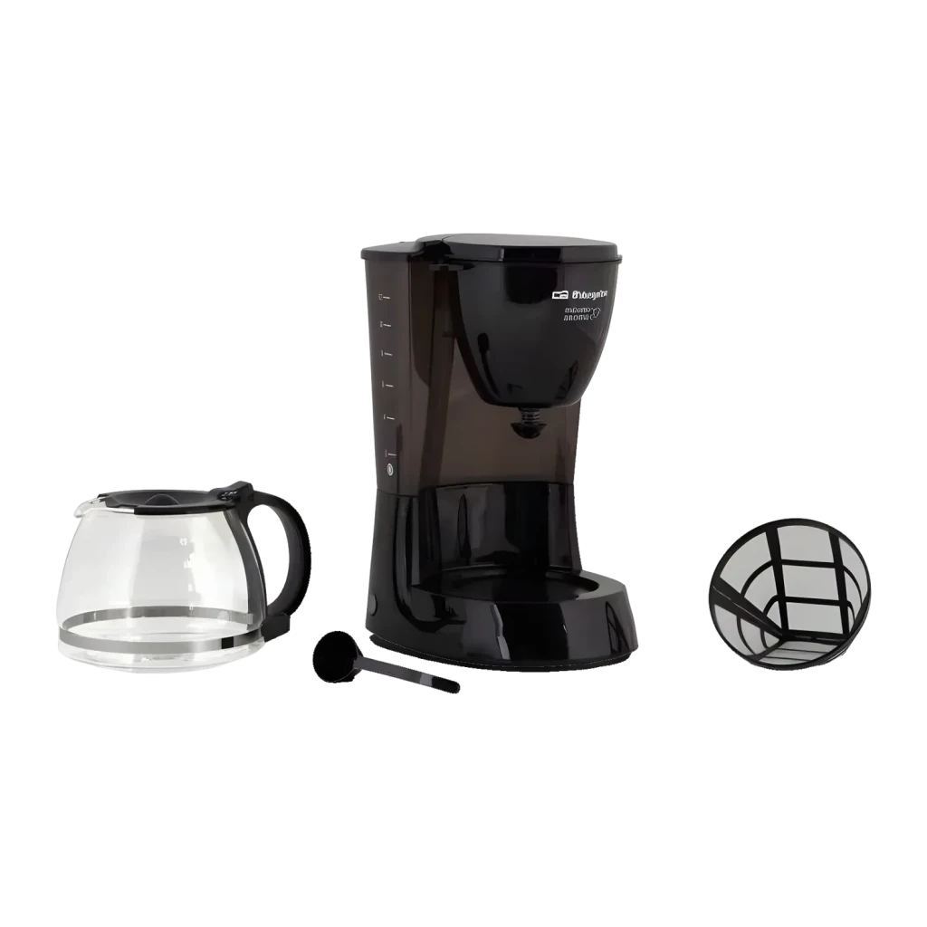 Cafetière filtre Orbegozo CG 4060 N 12 tasses 800W Noir, détail: cafetière, verseuse en verre et filtre permanent présentés