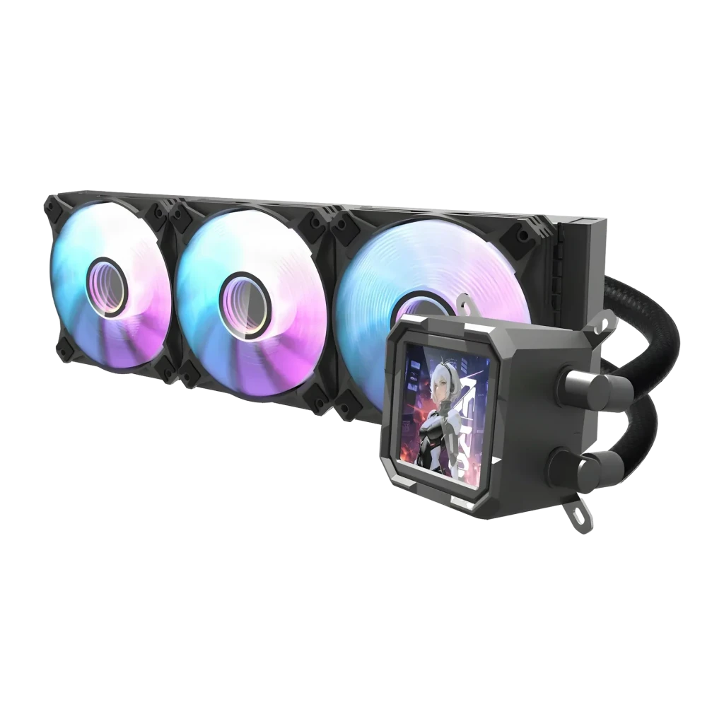 Refroidissement Liquide Darkflash 360mm Noir DV360S, vue de face: radiateur avec 3 ventilateurs RGB et tête de pompe