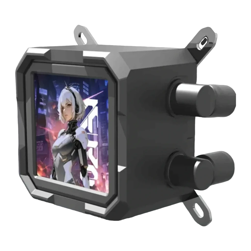 Refroidissement Liquide Darkflash 360mm Noir DV360S, détail: tête de pompe avec écran LCD anime et connecteurs latéraux