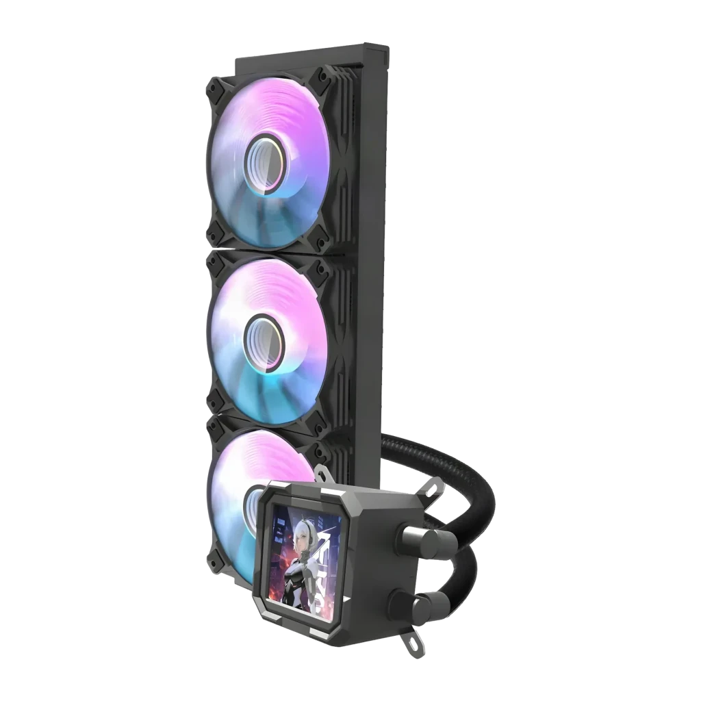 Refroidissement Liquide Darkflash 360mm Noir DV360S, détail: radiateur avec 3 ventilateurs RGB et pompe avec écran LCD anime