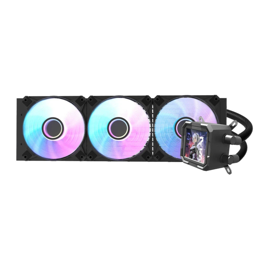Refroidissement Liquide Darkflash 360mm Noir DV360S, détail: 3 ventilateurs RGB et tête de pompe avec écran LCD gaming