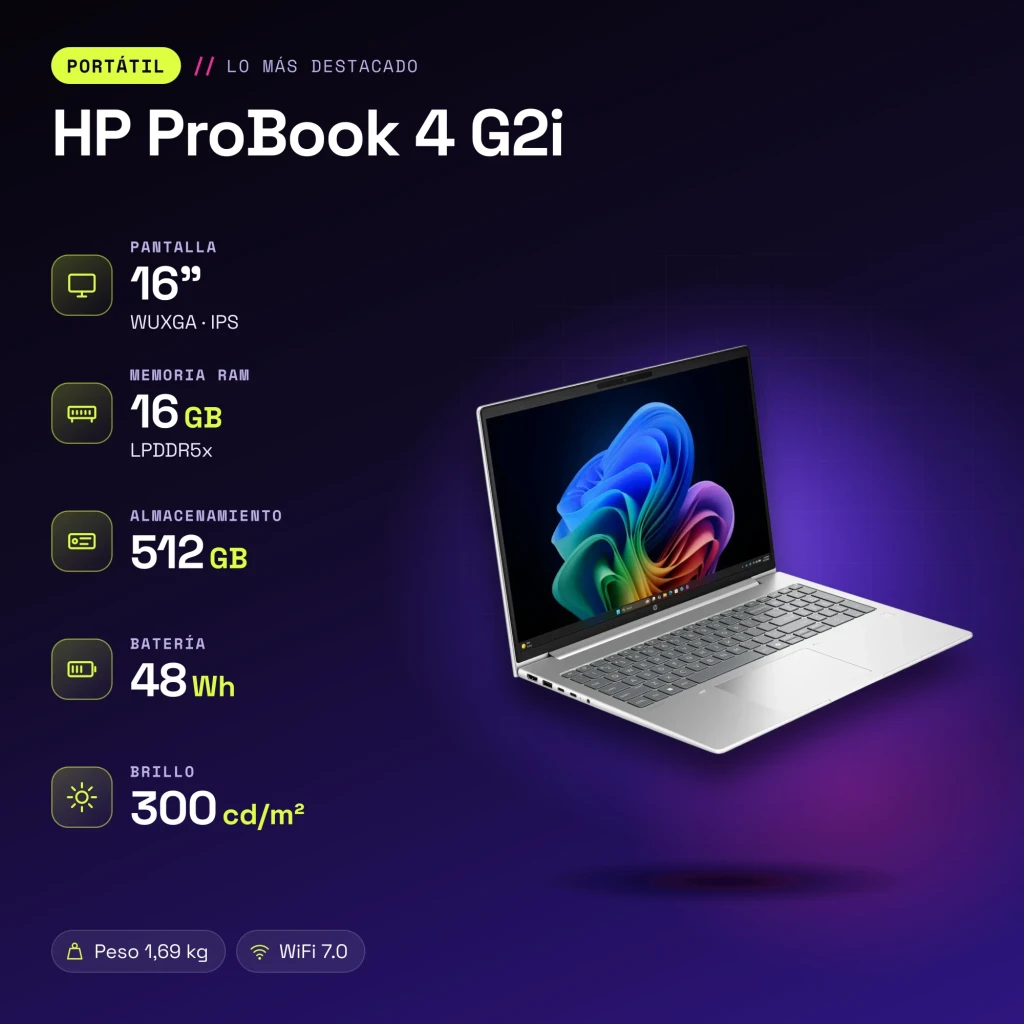 Portátil HP ProBook 4 G2i 16GB/512GB SSD 16 polegadas WUXGA IPS Intel Core 5 NVMe M.2 Windows 11 Pro Prata - características