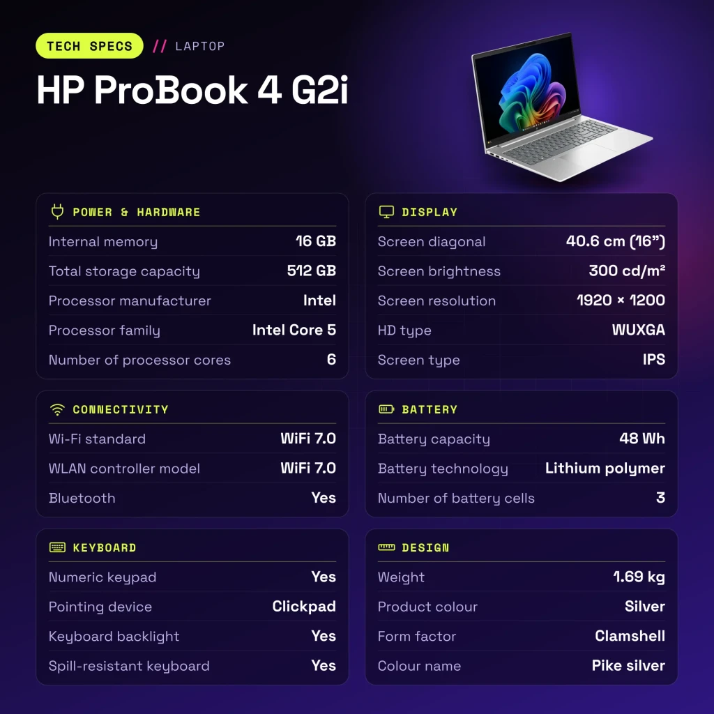 Portátil HP ProBook 4 G2i 16GB/512GB SSD 16 polegadas WUXGA IPS Intel Core 5 NVMe M.2 Windows 11 Pro Prata - características