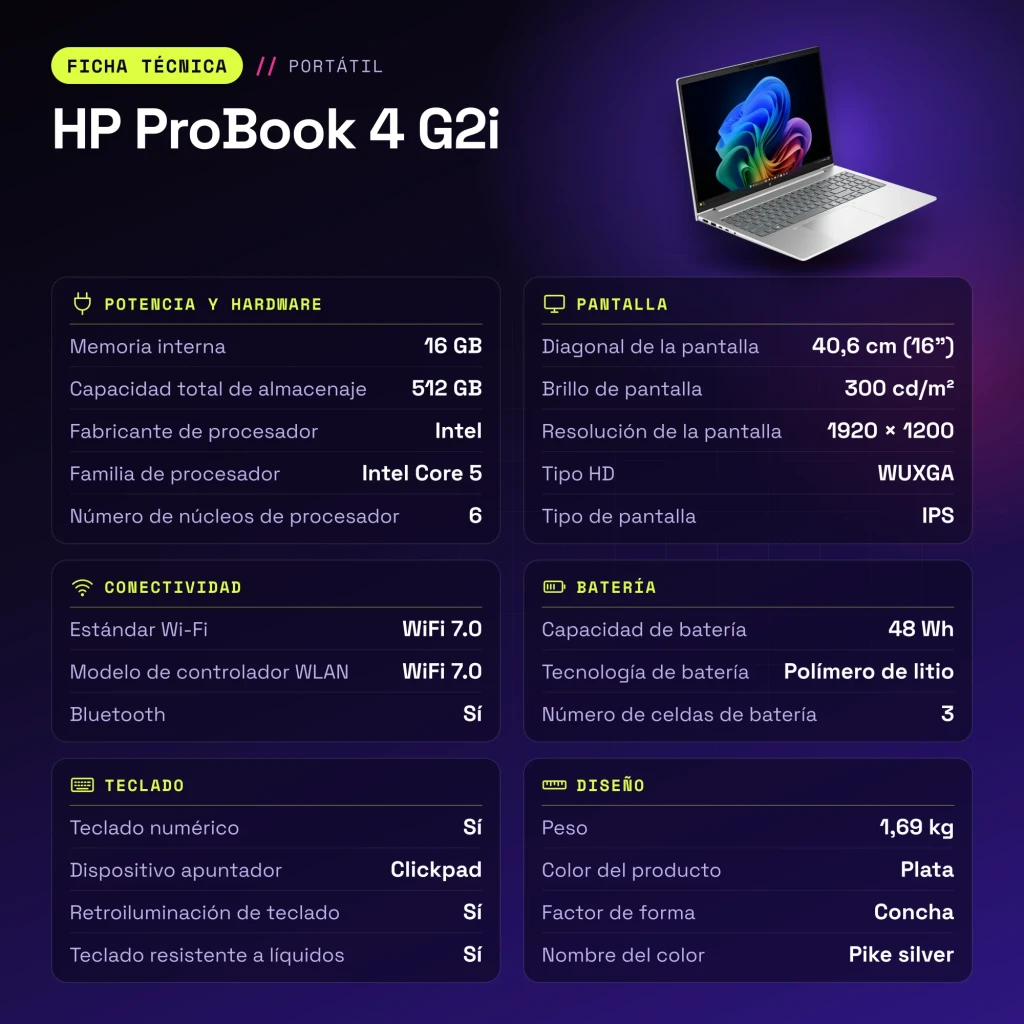 Portátil HP ProBook 4 G2i 16GB/512GB SSD 16 polegadas WUXGA IPS Intel Core 5 NVMe M.2 Windows 11 Pro Prata - características