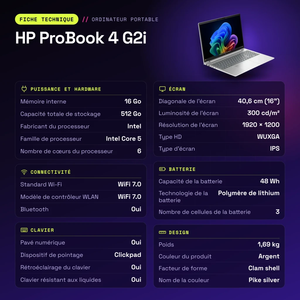 Portátil HP ProBook 4 G2i 16GB/512GB SSD 16 polegadas WUXGA IPS Intel Core 5 NVMe M.2 Windows 11 Pro Prata - características