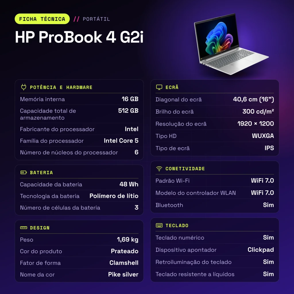 Portátil HP ProBook 4 G2i 16GB/512GB SSD 16 polegadas WUXGA IPS Intel Core 5 NVMe M.2 Windows 11 Pro Prata - características