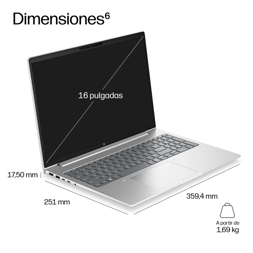Portátil HP ProBook 4 G2i 16GB/512GB SSD 16 polegadas WUXGA IPS Intel Core 5 NVMe M.2 Windows 11 Pro Prata, dimensões