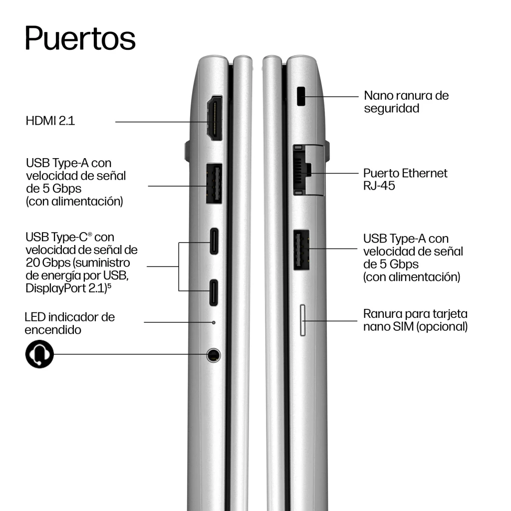 Portátil HP ProBook 4 G2i 16GB/512GB SSD 16 polegadas WUXGA IPS Intel Core 5 NVMe M.2 Windows 11 Pro Prata, lateral: portas