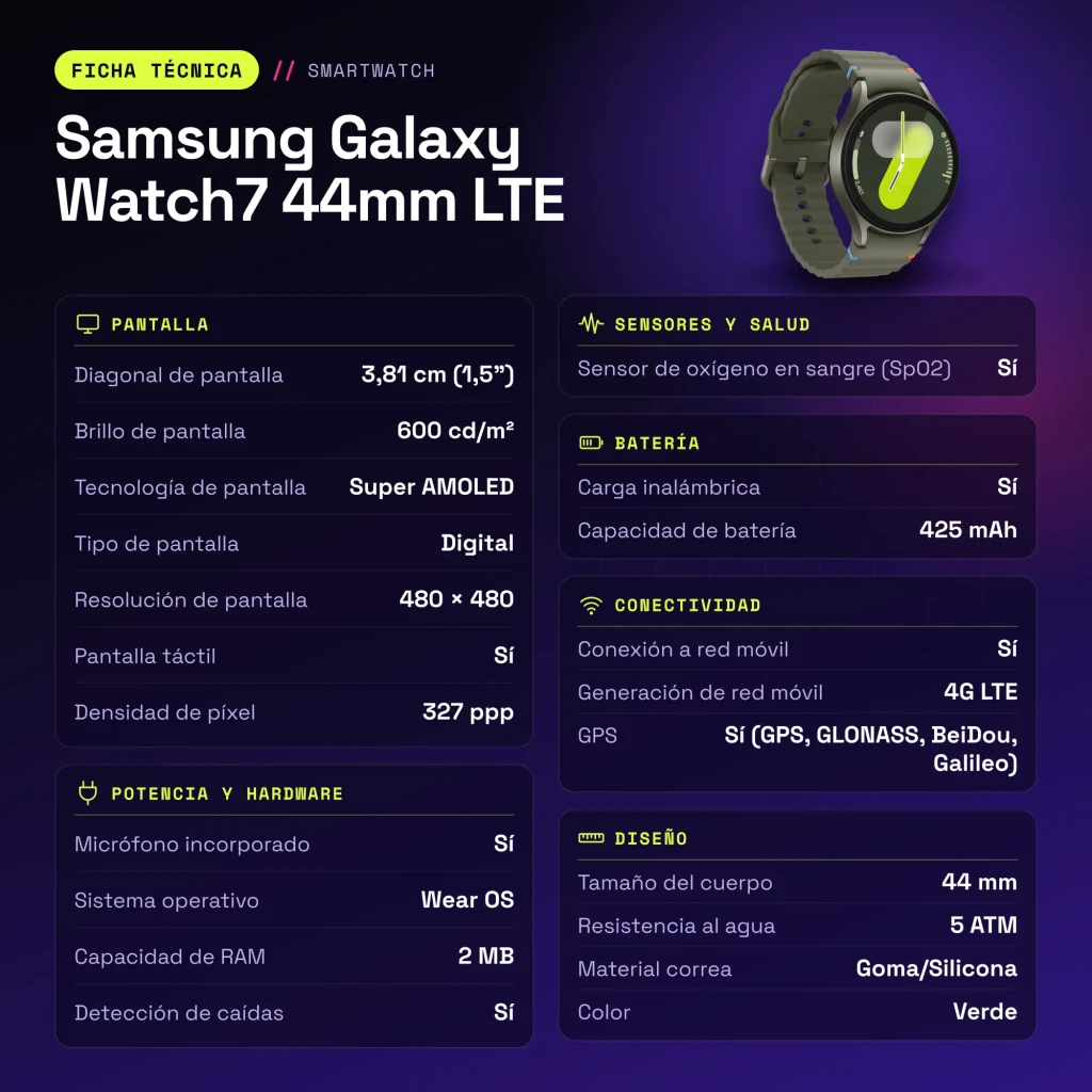 Samsung Galaxy Watch7 44mm LTE Vert NFC - caractéristiques