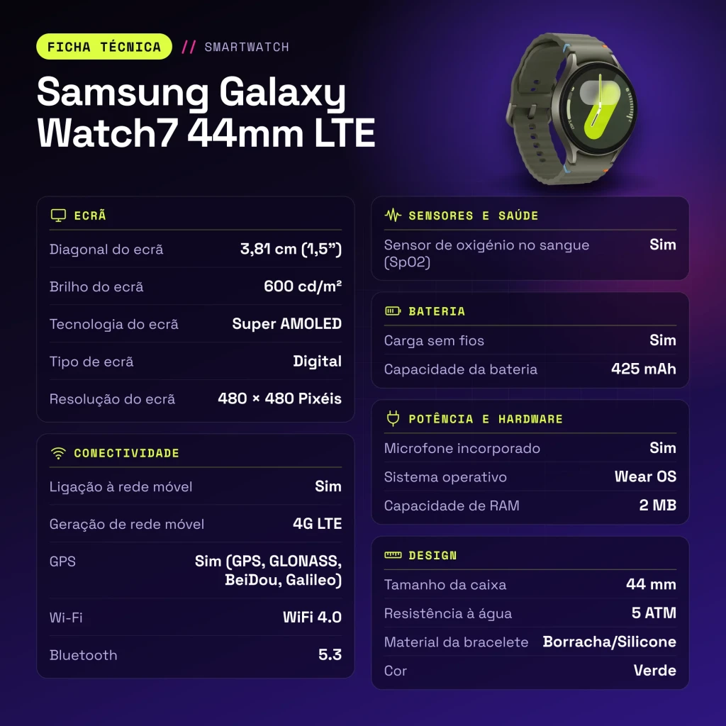Samsung Galaxy Watch7 44mm LTE Vert NFC - caractéristiques