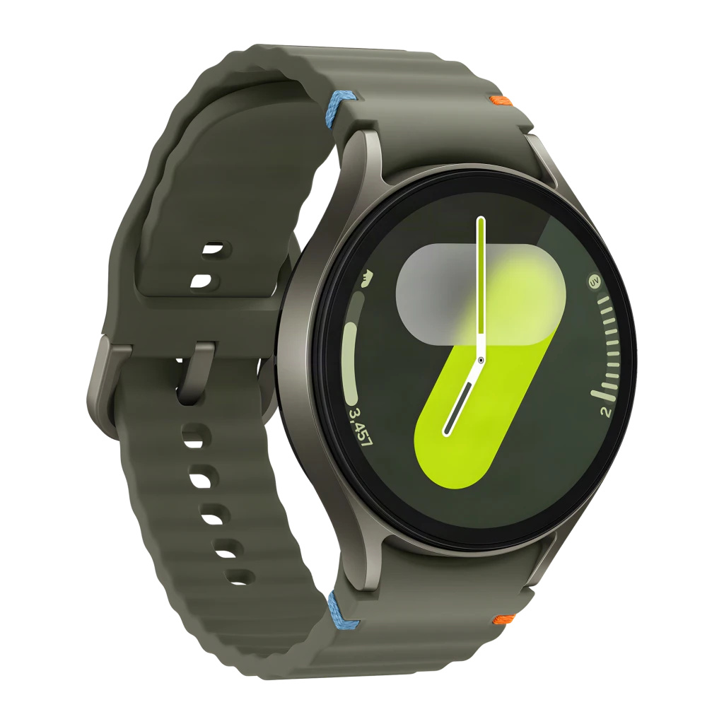 Samsung Galaxy Watch7 44mm LTE Vert NFC, vue de face: cadran rond avec chiffre 7 vert lime, bracelet vert avec accents bleu