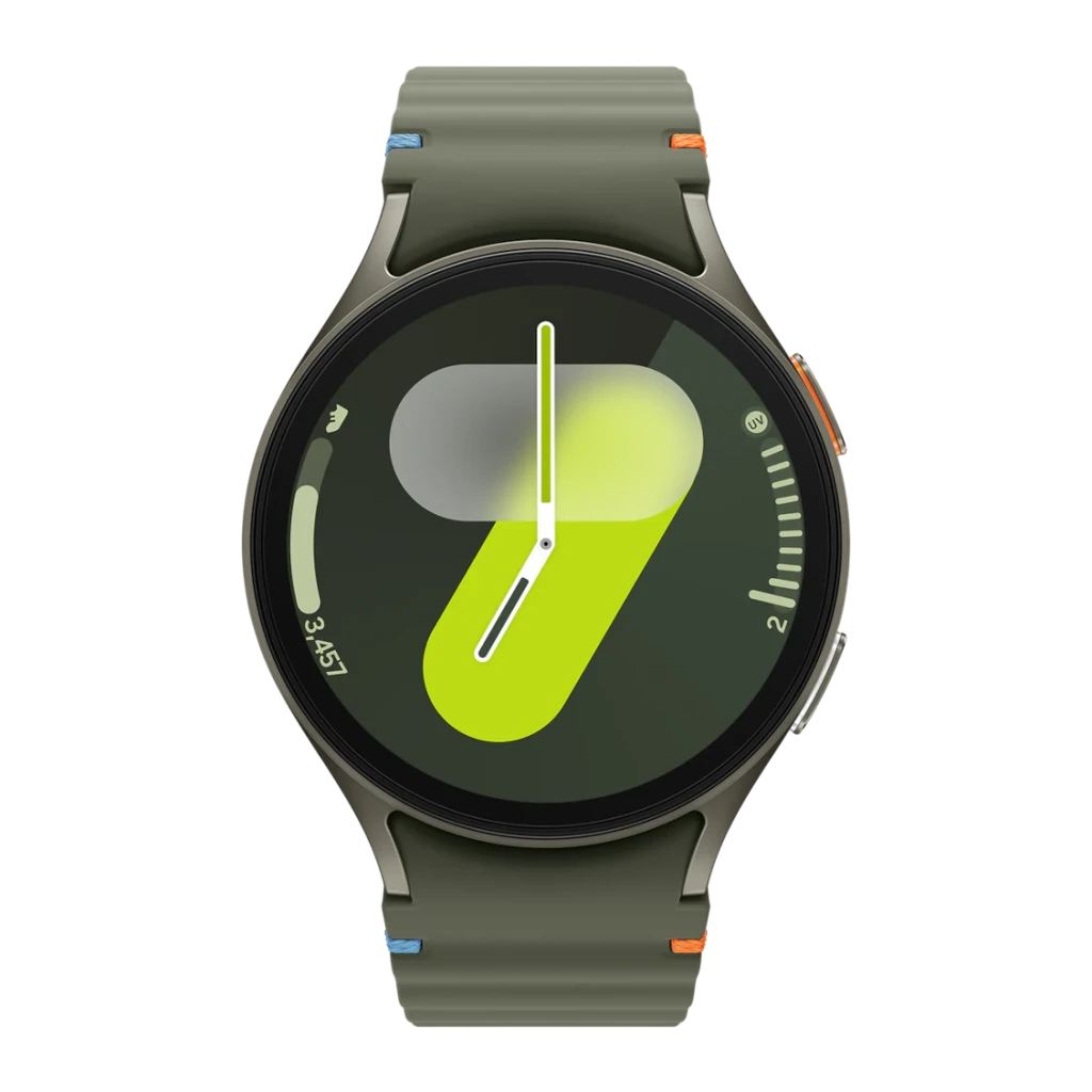 Samsung Galaxy Watch7 44mm LTE Vert NFC, détail: cadran frontal avec chiffre 7 jaune néon et bracelet aux coutures colorées