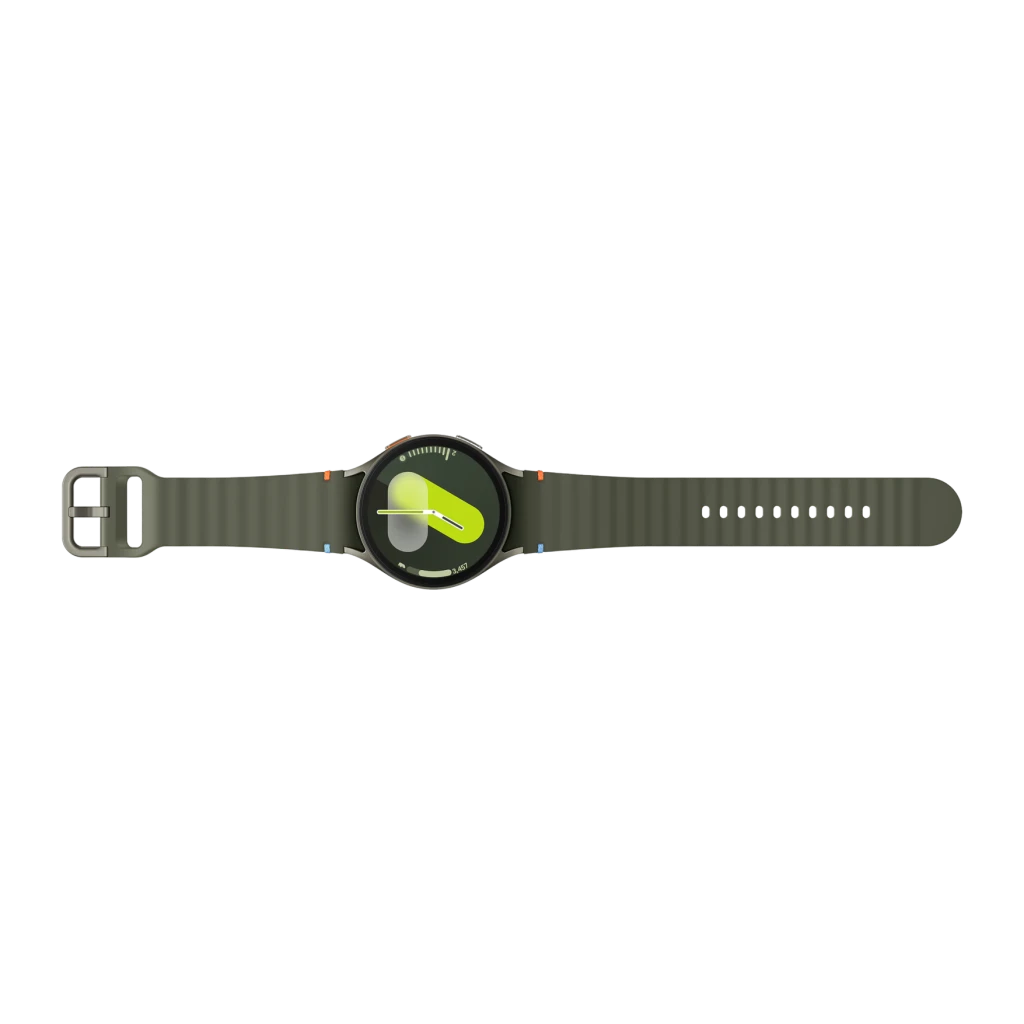 Samsung Galaxy Watch7 44mm LTE Vert NFC, détail: vue frontale étendue avec bracelet vert et cadran sport jaune néon